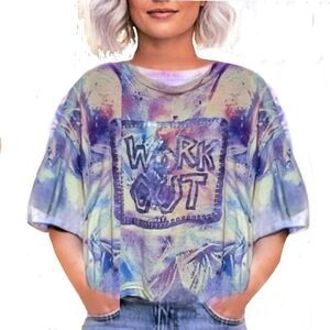 Vtg 90s metallic purple paint splatter work out graphics fitted crop top L